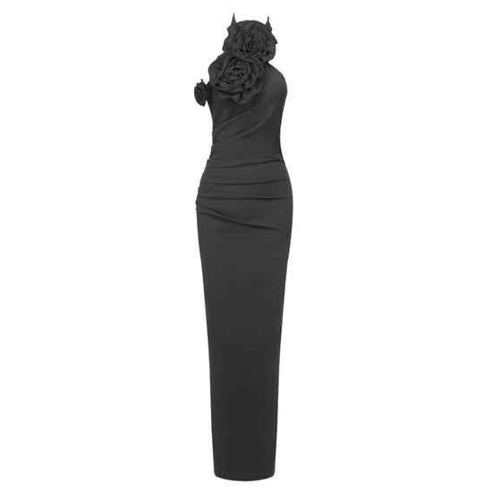 New Style White Ribbon Flower Halter Long High Sense Dress $145.00 Dana Fashion Color: Black Size: L Women's clothing Product information: Pattern: solid color Skirt-type: asymmetric skirt Color: white, black, red Waist type: elastic waist Size: XS,S,M,L