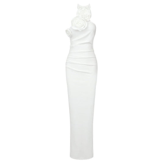 New Style White Ribbon Flower Halter Long High Sense Dress $145.00 Dana Fashion Color: Black Size: L Women's clothing Product information: Pattern: solid color Skirt-type: asymmetric skirt Color: white, black, red Waist type: elastic waist Size: XS,S,M,L