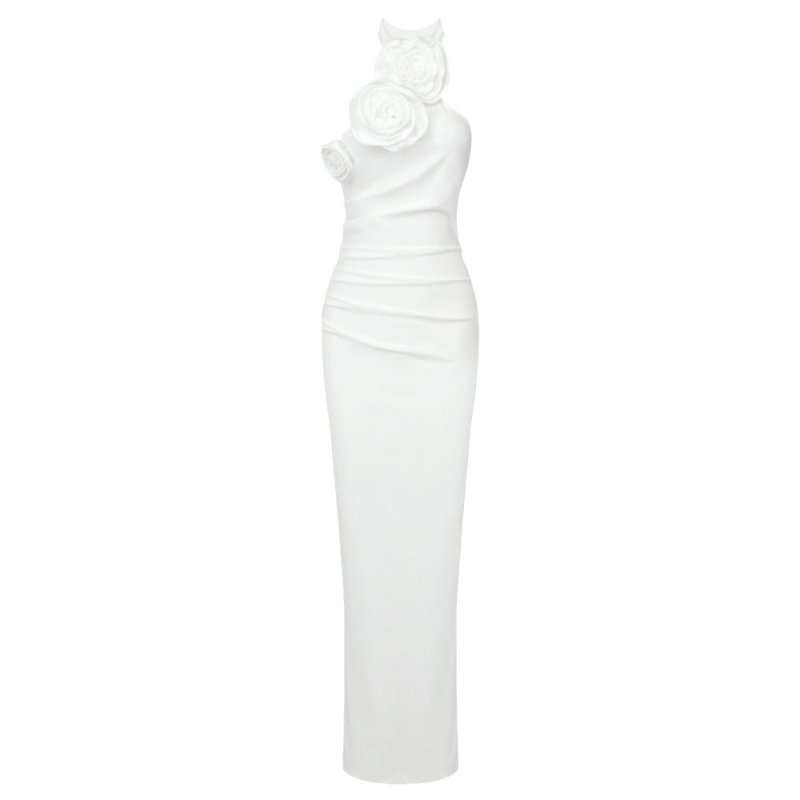 New Style White Ribbon Flower Halter Long High Sense Dress $145.00 Dana Fashion Color: Black Size: L Women's clothing Product information: Pattern: solid color Skirt-type: asymmetric skirt Color: white, black, red Waist type: elastic waist Size: XS,S,M,L