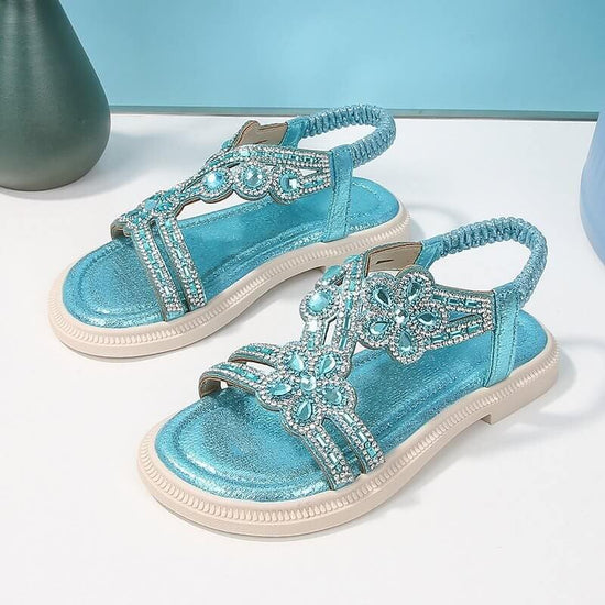 New Summer Bohemian Style Girls' Rhinestone Sandals $43.50 Dana Fashion Color: Sky Blue Size: 25 Women's shoes Product information: Color: gold, silver, sky blue, pink Size: 25,26,27,28,29,30,31,32,33,34,35 Sole material: beef tendon Popular elements: rhi
