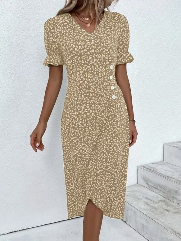 New V-neck Printed Button Irregular Hem Dress $38.02 Dana Fashion Color: Yellow Size: 2XL Women's clothing Product information: Pattern: Floral Skirt-type: asymmetric skirt Color: red, blue, black, green, pink, yellow, colorful, peacock blue, khaki Waist