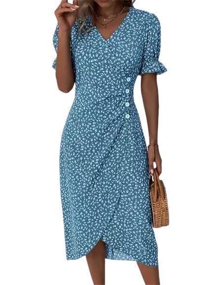 New V-neck Printed Button Irregular Hem Dress $38.02 Dana Fashion Color: Blue Size: 2XL Women's clothing Product information: Pattern: Floral Skirt-type: asymmetric skirt Color: red, blue, black, green, pink, yellow, colorful, peacock blue, khaki Waist Ty