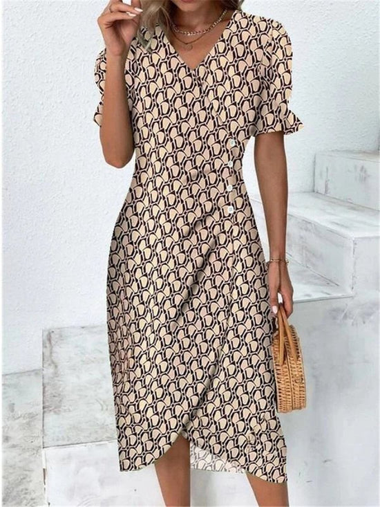 New V-neck Printed Button Irregular Hem Dress $38.02 Dana Fashion Color: Khaki Size: 2XL Women's clothing Product information: Pattern: Floral Skirt-type: asymmetric skirt Color: red, blue, black, green, pink, yellow, colorful, peacock blue, khaki Waist T
