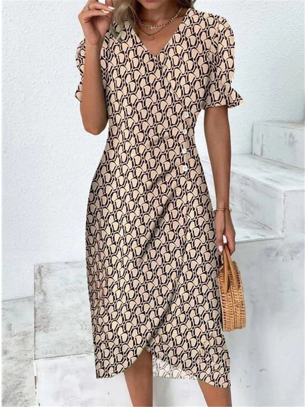 New V-neck Printed Button Irregular Hem Dress $38.02 Dana Fashion Color: Khaki Size: 2XL Women's clothing Product information: Pattern: Floral Skirt-type: asymmetric skirt Color: red, blue, black, green, pink, yellow, colorful, peacock blue, khaki Waist T