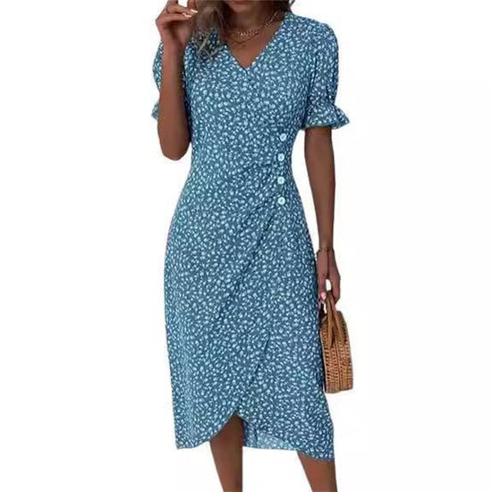 New V-neck Printed Button Irregular Hem Dress $38.02 Dana Fashion Color: Black Size: 2XL Women's clothing Product information: Pattern: Floral Skirt-type: asymmetric skirt Color: red, blue, black, green, pink, yellow, colorful, peacock blue, khaki Waist T