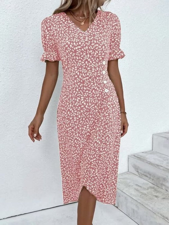 New V-neck Printed Button Irregular Hem Dress $38.02 Dana Fashion Color: Pink Size: 2XL Women's clothing Product information: Pattern: Floral Skirt-type: asymmetric skirt Color: red, blue, black, green, pink, yellow, colorful, peacock blue, khaki Waist Ty