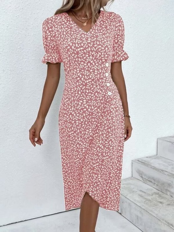New V-neck Printed Button Irregular Hem Dress $38.02 Dana Fashion Color: Pink Size: 2XL Women's clothing Product information: Pattern: Floral Skirt-type: asymmetric skirt Color: red, blue, black, green, pink, yellow, colorful, peacock blue, khaki Waist Ty