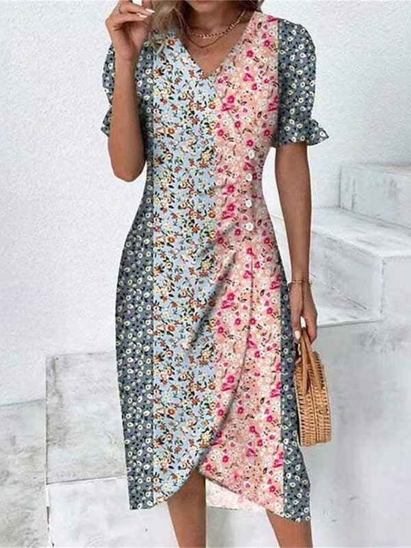New V-neck Printed Button Irregular Hem Dress $38.02 Dana Fashion Color: Color Size: 2XL Women's clothing Product information: Pattern: Floral Skirt-type: asymmetric skirt Color: red, blue, black, green, pink, yellow, colorful, peacock blue, khaki Waist T