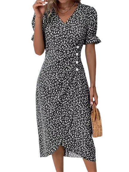 New V-neck Printed Button Irregular Hem Dress $38.02 Dana Fashion Color: Black Size: 2XL Women's clothing Product information: Pattern: Floral Skirt-type: asymmetric skirt Color: red, blue, black, green, pink, yellow, colorful, peacock blue, khaki Waist T