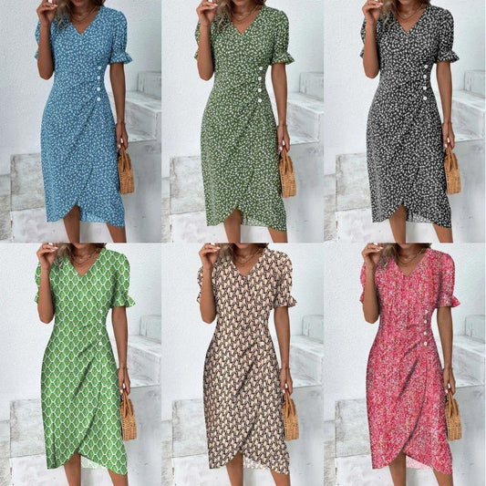 New V-neck Printed Button Irregular Hem Dress $38.02 Dana Fashion Color: Black Size: 2XL Women's clothing Product information: Pattern: Floral Skirt-type: asymmetric skirt Color: red, blue, black, green, pink, yellow, colorful, peacock blue, khaki Waist T