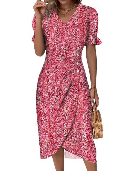 New V-neck Printed Button Irregular Hem Dress $38.02 Dana Fashion Color: Red Size: 2XL Women's clothing Product information: Pattern: Floral Skirt-type: asymmetric skirt Color: red, blue, black, green, pink, yellow, colorful, peacock blue, khaki Waist Typ