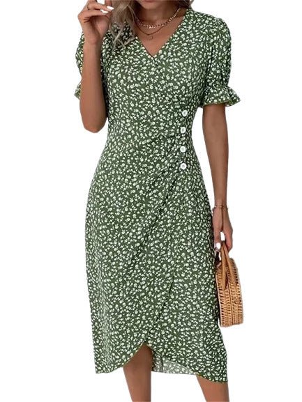 New V-neck Printed Button Irregular Hem Dress $38.02 Dana Fashion Color: Green Size: 2XL Women's clothing Product information: Pattern: Floral Skirt-type: asymmetric skirt Color: red, blue, black, green, pink, yellow, colorful, peacock blue, khaki Waist T