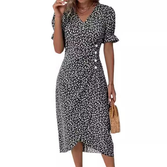 New V-neck Printed Button Irregular Hem Dress $38.02 Dana Fashion Color: Black Size: 2XL Women's clothing Product information: Pattern: Floral Skirt-type: asymmetric skirt Color: red, blue, black, green, pink, yellow, colorful, peacock blue, khaki Waist T
