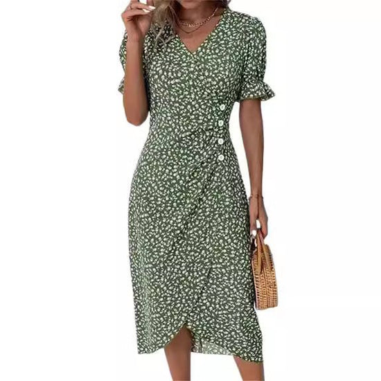New V-neck Printed Button Irregular Hem Dress $38.02 Dana Fashion Color: Black Size: 2XL Women's clothing Product information: Pattern: Floral Skirt-type: asymmetric skirt Color: red, blue, black, green, pink, yellow, colorful, peacock blue, khaki Waist T
