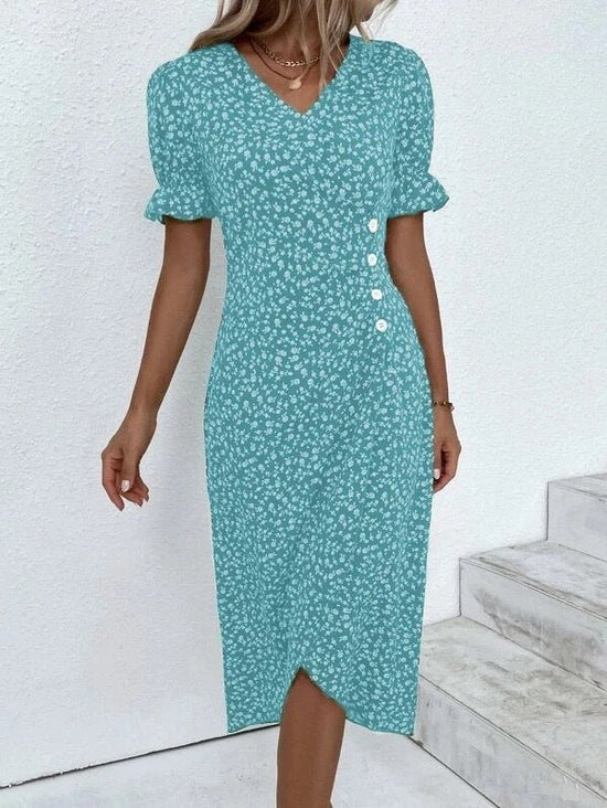 New V-neck Printed Button Irregular Hem Dress $38.02 Dana Fashion Color: Peacock Blue Size: 2XL Women's clothing Product information: Pattern: Floral Skirt-type: asymmetric skirt Color: red, blue, black, green, pink, yellow, colorful, peacock blue, khaki
