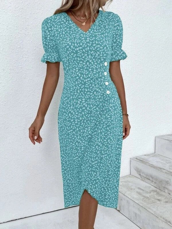 New V-neck Printed Button Irregular Hem Dress $38.02 Dana Fashion Color: Peacock Blue Size: 2XL Women's clothing Product information: Pattern: Floral Skirt-type: asymmetric skirt Color: red, blue, black, green, pink, yellow, colorful, peacock blue, khaki