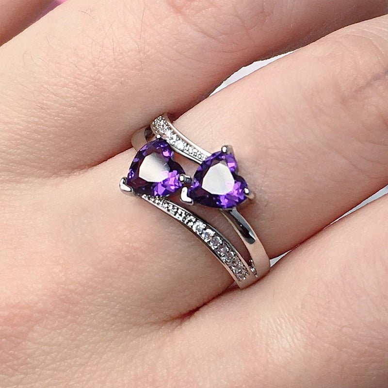 New Women's Double Heart-shaped Multicolor Ring $15.51 Dana Fashion Color: Purple Size: No 10 Women's Accessories Product information: Type: Ring Treatment Process: inlaid zircon Size: no.6, no.7, no.8, no.9, no.10 Series: meeting altar, meeting altar Pic