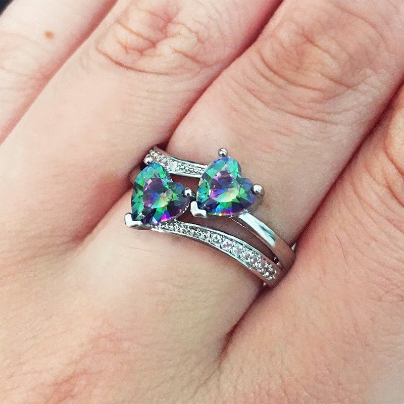 New Women's Double Heart-shaped Multicolor Ring $15.51 Dana Fashion Color: Color Size: No 10 Women's Accessories Product information: Type: Ring Treatment Process: inlaid zircon Size: no.6, no.7, no.8, no.9, no.10 Series: meeting altar, meeting altar Pict