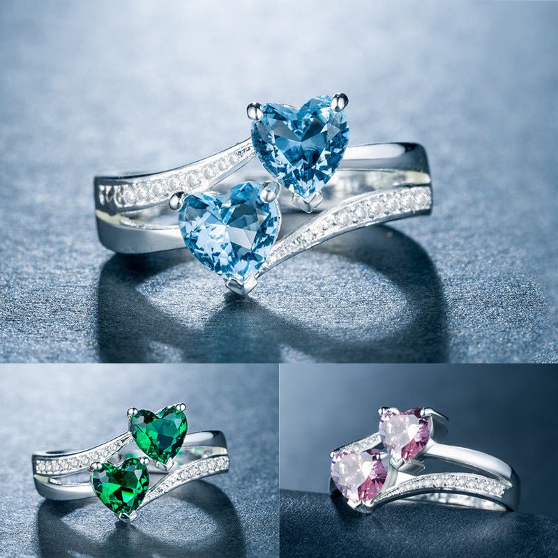 New Women's Double Heart-shaped Multicolor Ring $15.51 Dana Fashion Color: Color Size: No 10 Women's Accessories Product information: Type: Ring Treatment Process: inlaid zircon Size: no.6, no.7, no.8, no.9, no.10 Series: meeting altar, meeting altar Pict
