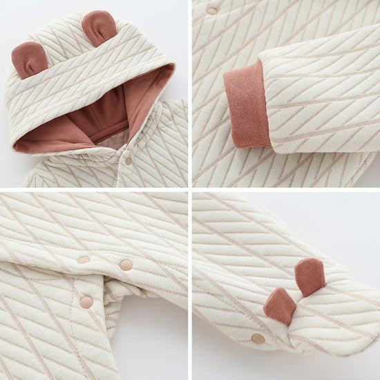 Newborn Baby Clothes Long Sleeve Romper $33.15 Dana Fashion Color: Brown Child size: 59cm Baby Clothing Product Information： Made of: Cotton Suitable age: newborns (0~1 years old, 80cm and below) Sleeve length: long sleeve Whether Hooded: Hooded Closed st