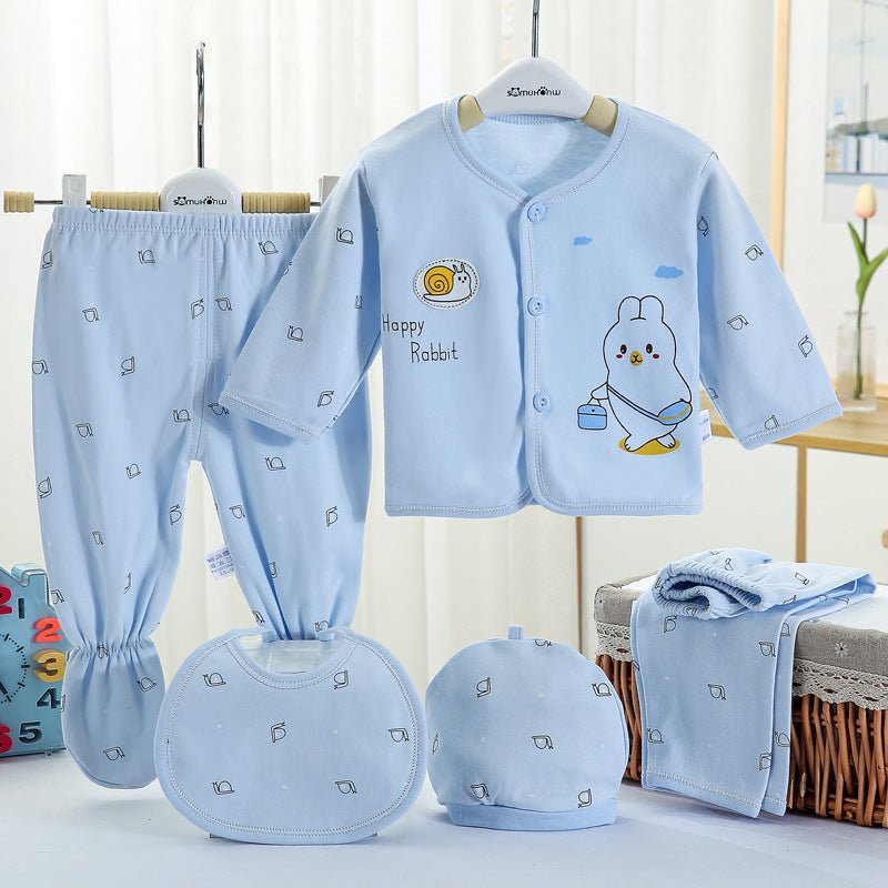 Newborn Baby Cotton Underwear Set Five-piece Suit 0-3 Months $16.75 Dana Fashion Color: Bule Size: One size Baby Clothing Details： Applicable gender: Neutral/male and female Number of sets: Multiple sets Suitable age: Newborn (0~1 years old, 80cm and belo