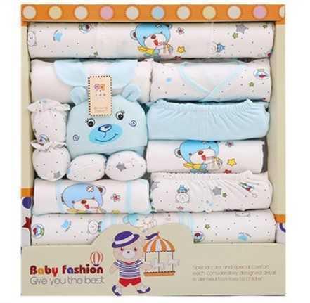Newborn Clothes 17-Piece Cotton Suit Gift Box $45.98 Dana Fashion Color: Blue Size: 59cm Baby Clothing P roduct Information: Main fabric composition: rabbit fur Color: Pink, Yellow, Blue Applicable age: Freshmen Applicable gender: General Clothing placket