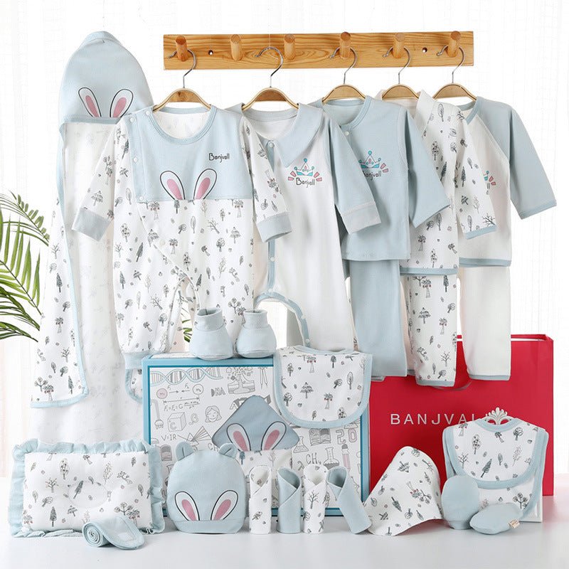 Newborn gift box set $75.50 Dana Fashion Color: Blue Size: 59cm Baby Clothing Product composition: 100% cotton Number of gift boxes: 24 sets Gift box size: 43X30cm 1. Asian sizes are 1 to 2 sizes smaller than European and American people. Choose the large