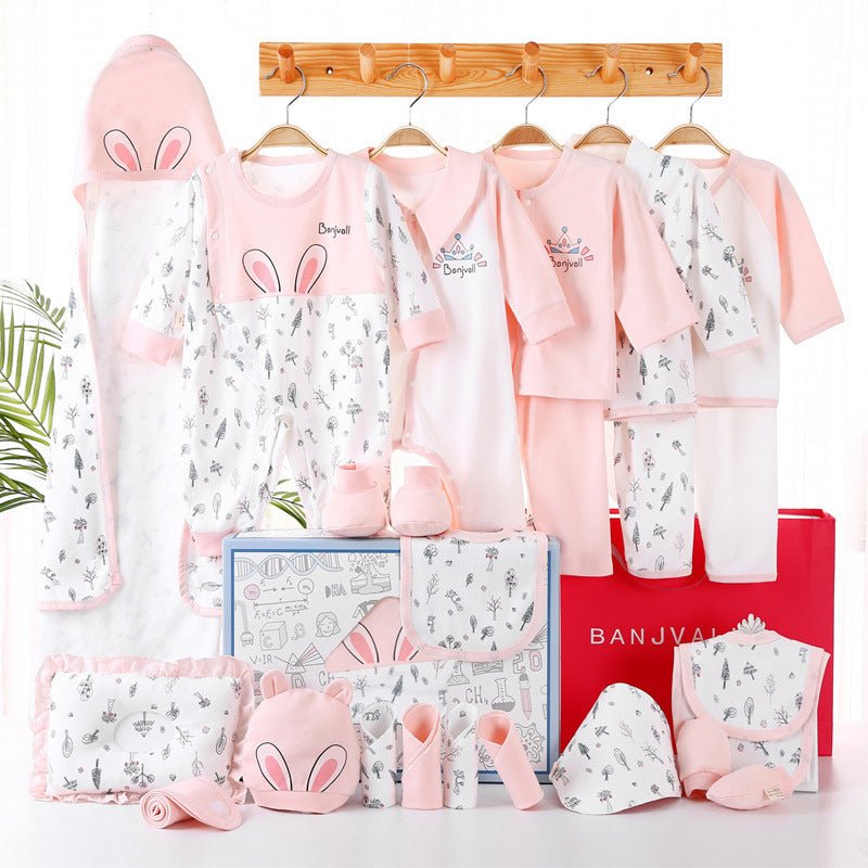 Newborn gift box set $75.50 Dana Fashion Color: Pink Size: 59cm Baby Clothing Product composition: 100% cotton Number of gift boxes: 24 sets Gift box size: 43X30cm 1. Asian sizes are 1 to 2 sizes smaller than European and American people. Choose the large