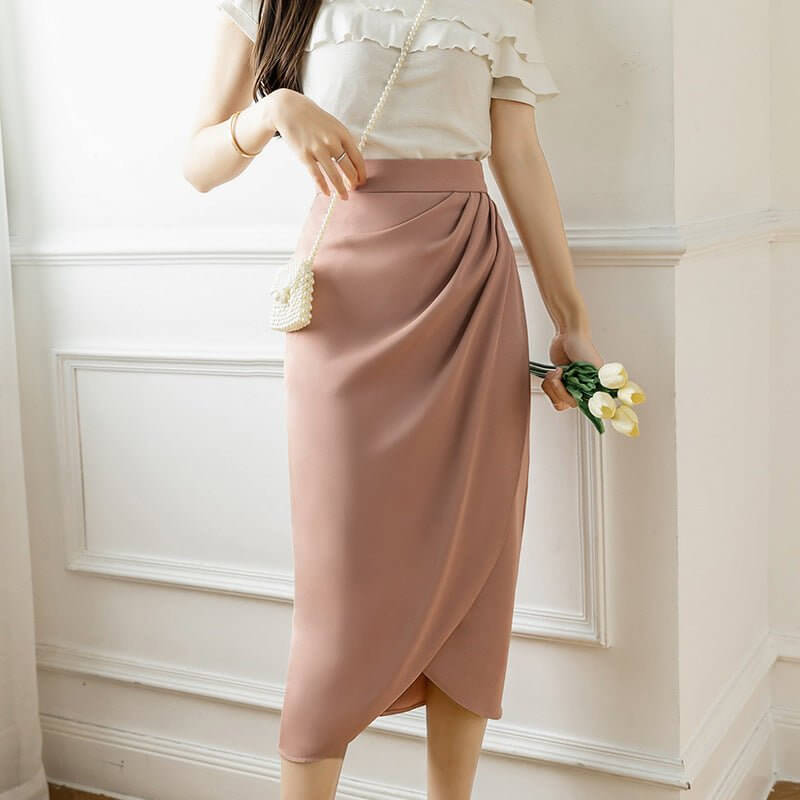 Niche Retro Style Sheath Women's High Waist Slit Skirt $44.50 Dana Fashion Color: Pink Size: L Women's clothing Product information: Pattern: solid color Fabric name: Cotton Skirt type: asymmetric skirt Color: Black, apricot, pink Main fabric composition: