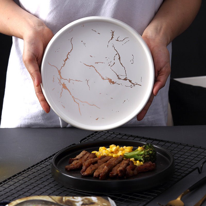 Nordic Style Marble Plate Household Ceramic Dish $44.26 Dana Fashion Color: Black Dana's Kitchen Product information: Product Category: Disk Material: Porcelain Applicable people: adults Microwave: Not available Applicable object: Adult Surface technology
