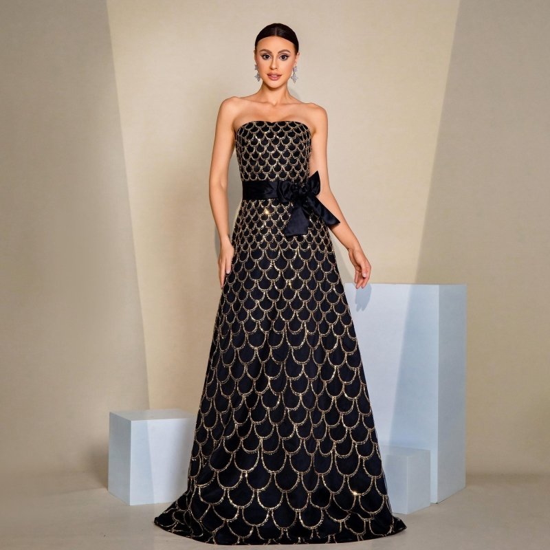 Off-neck Wrapped Chest Nipped-waist Large Swing Sequined Evening Dress $139.83 Dana Fashion Color: Black Size: L Women's clothing Product information: Pattern: solid color Skirt type: oversized swing skirt Color: Black Waist type: high waist Style type: S