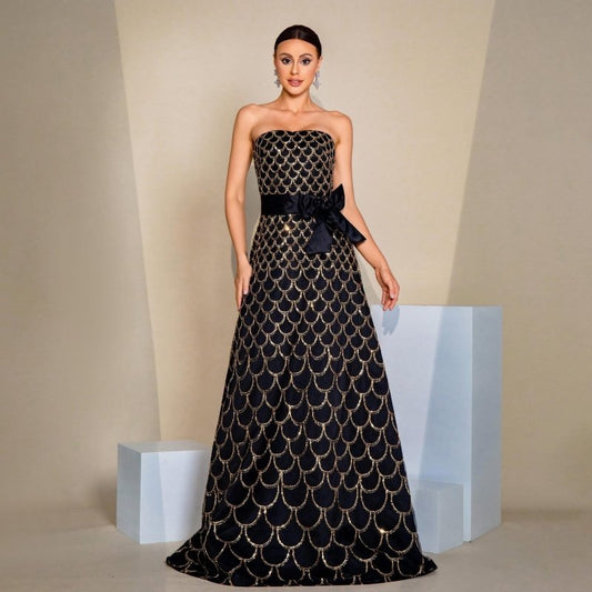 Off-neck Wrapped Chest Nipped-waist Large Swing Sequined Evening Dress $139.83 Dana Fashion Color: Black Size: L Women's clothing Product information: Pattern: solid color Skirt type: oversized swing skirt Color: Black Waist type: high waist Style type: S