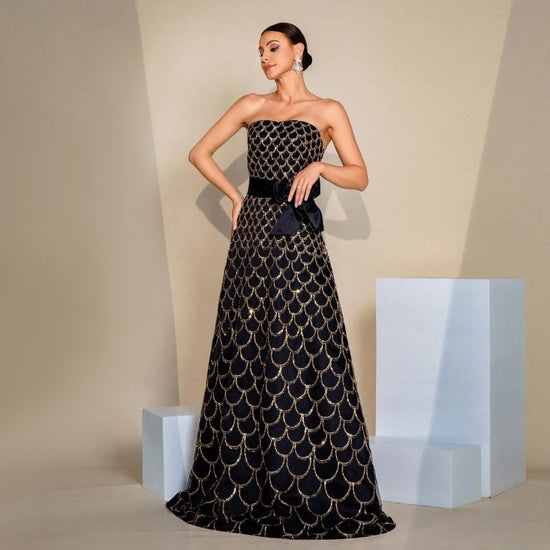 Off-neck Wrapped Chest Nipped-waist Large Swing Sequined Evening Dress $139.83 Dana Fashion Color: Black Size: L Women's clothing Product information: Pattern: solid color Skirt type: oversized swing skirt Color: Black Waist type: high waist Style type: S