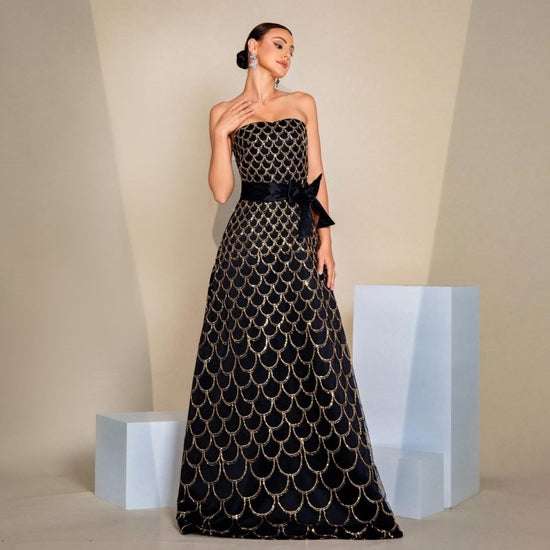 Off-neck Wrapped Chest Nipped-waist Large Swing Sequined Evening Dress $139.83 Dana Fashion Color: Black Size: L Women's clothing Product information: Pattern: solid color Skirt type: oversized swing skirt Color: Black Waist type: high waist Style type: S