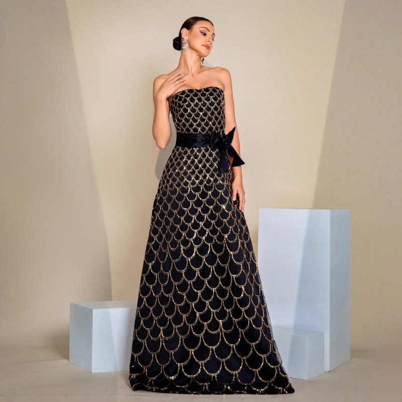 Off-neck Wrapped Chest Nipped-waist Large Swing Sequined Evening Dress $139.83 Dana Fashion Color: Black Size: L Women's clothing Product information: Pattern: solid color Skirt type: oversized swing skirt Color: Black Waist type: high waist Style type: S
