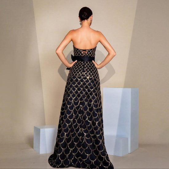 Off-neck Wrapped Chest Nipped-waist Large Swing Sequined Evening Dress $139.83 Dana Fashion Color: Black Size: L Women's clothing Product information: Pattern: solid color Skirt type: oversized swing skirt Color: Black Waist type: high waist Style type: S