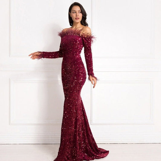 Off-the-shoulder Fishtail Party Formal Dress $94.50 Dana Fashion Color: Black Size: L Women's clothing Product information: Color: white, green, black, wine red Main fabric composition: Spandex Size: S,M,L,XL Note: 1. Asian sizes are 1 to 2 sizes smaller