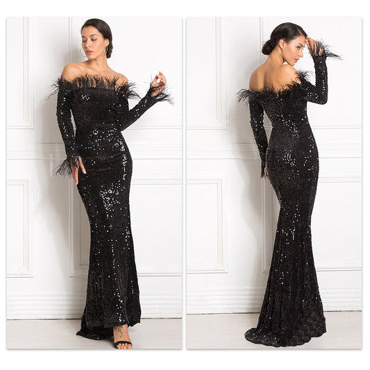 Off-the-shoulder Fishtail Party Formal Dress $94.50 Dana Fashion Color: Black Size: L Women's clothing Product information: Color: white, green, black, wine red Main fabric composition: Spandex Size: S,M,L,XL Note: 1. Asian sizes are 1 to 2 sizes smaller