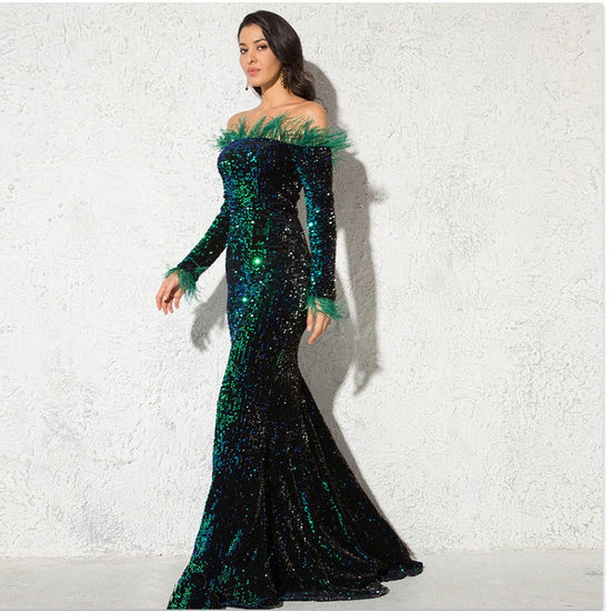 Off-the-shoulder Fishtail Party Formal Dress $94.50 Dana Fashion Color: Green Size: L Women's clothing Product information: Color: white, green, black, wine red Main fabric composition: Spandex Size: S,M,L,XL Note: 1. Asian sizes are 1 to 2 sizes smaller