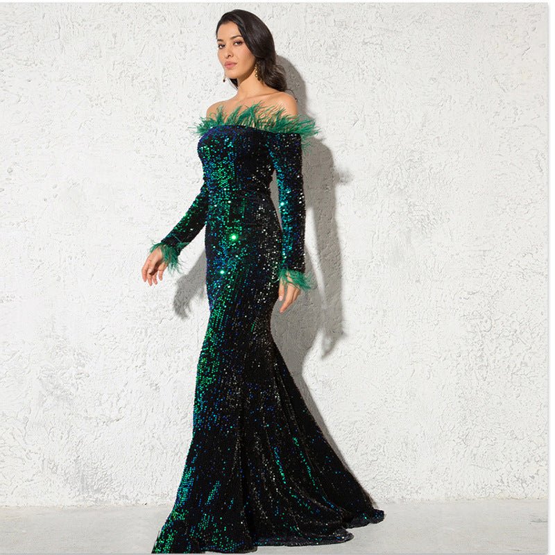 Off-the-shoulder Fishtail Party Formal Dress $94.50 Dana Fashion Color: Green Size: L Women's clothing Product information: Color: white, green, black, wine red Main fabric composition: Spandex Size: S,M,L,XL Note: 1. Asian sizes are 1 to 2 sizes smaller