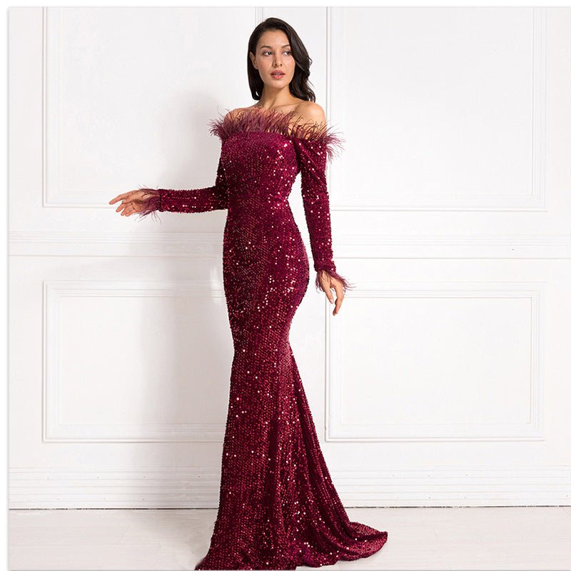 Off-the-shoulder Fishtail Party Formal Dress $94.50 Dana Fashion Color: Wine Red Size: L Women's clothing Product information: Color: white, green, black, wine red Main fabric composition: Spandex Size: S,M,L,XL Note: 1. Asian sizes are 1 to 2 sizes small