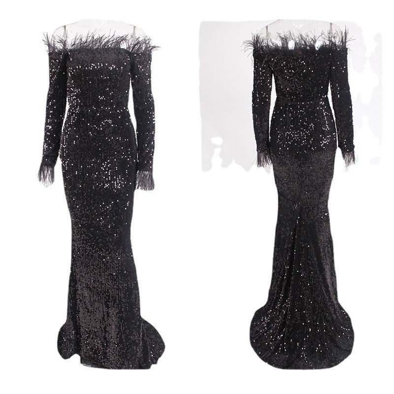Off-the-shoulder Fishtail Party Formal Dress $94.50 Dana Fashion Color: Black Size: L Women's clothing Product information: Color: white, green, black, wine red Main fabric composition: Spandex Size: S,M,L,XL Note: 1. Asian sizes are 1 to 2 sizes smaller