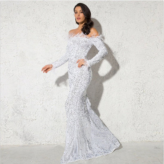 Off-the-shoulder Fishtail Party Formal Dress $94.50 Dana Fashion Color: White Size: L Women's clothing Product information: Color: white, green, black, wine red Main fabric composition: Spandex Size: S,M,L,XL Note: 1. Asian sizes are 1 to 2 sizes smaller