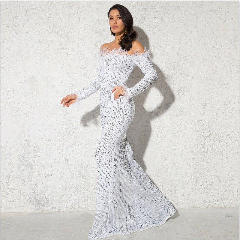 Off-the-shoulder Fishtail Party Formal Dress $94.50 Dana Fashion Color: White Size: L Women's clothing Product information: Color: white, green, black, wine red Main fabric composition: Spandex Size: S,M,L,XL Note: 1. Asian sizes are 1 to 2 sizes smaller
