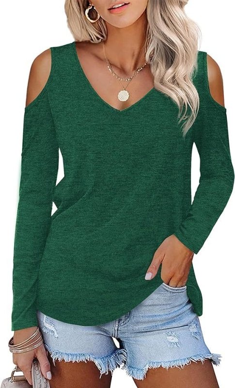 Off-the-shoulder Women's Solid Color Long Sleeve V-neck Formal Casual Top Summer $34.42 Dana Fashion Color: Green Size: L Women's clothing معلومات المنتج: اسم القماش: سباندكس اللون: أسود، أحمر، أبيض كريمي، أخضر، بني، أبيض نوع الأكمام: كم عادي تكوين القماش