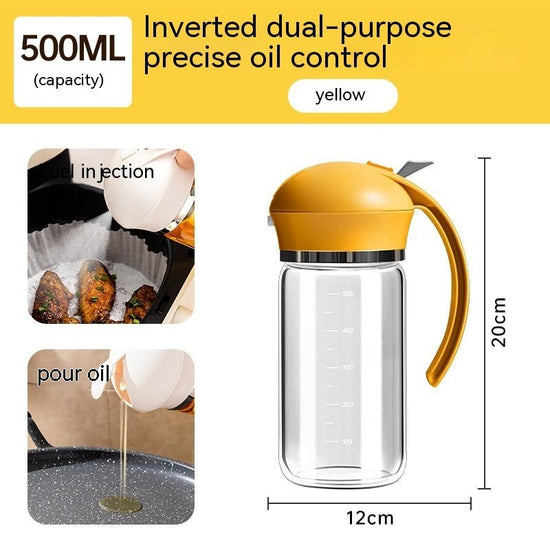Oil Dispenser Spray And Pour Dual-purpose Oiler $28.00 Dana Fashion capacity: Yellow 500ml Dana's Kitchen Product information: Function: pour oil/turn Oil Brush into one, press and spray oil Material: Glass Style: modern simplicity Capacity: Black 500ml,