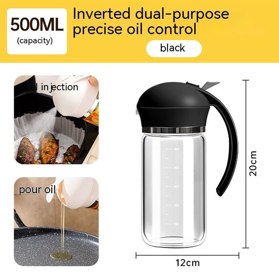 Oil Dispenser Spray And Pour Dual-purpose Oiler $28.00 Dana Fashion capacity: Black 500ml Dana's Kitchen Product information: Function: pour oil/turn Oil Brush into one, press and spray oil Material: Glass Style: modern simplicity Capacity: Black 500ml, y