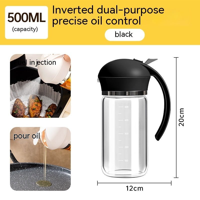 Oil Dispenser Spray And Pour Dual-purpose Oiler $28.00 Dana Fashion capacity: Black 500ml Dana's Kitchen Product information: Function: pour oil/turn Oil Brush into one, press and spray oil Material: Glass Style: modern simplicity Capacity: Black 500ml, y