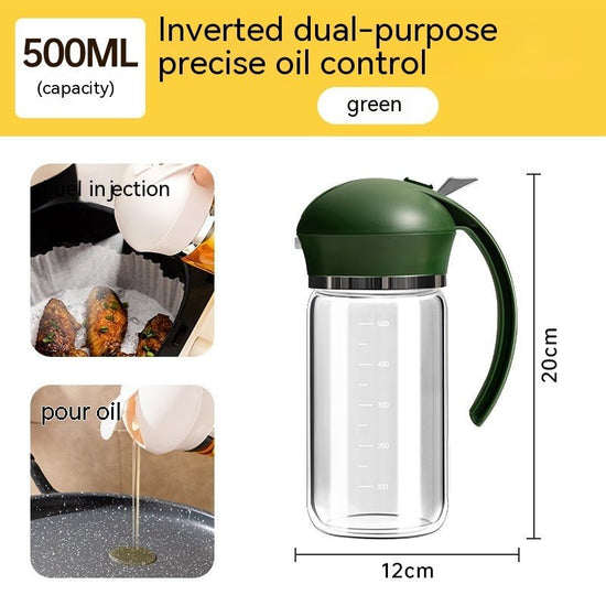 Oil Dispenser Spray And Pour Dual-purpose Oiler $28.00 Dana Fashion capacity: Green 500ml Dana's Kitchen Product information: Function: pour oil/turn Oil Brush into one, press and spray oil Material: Glass Style: modern simplicity Capacity: Black 500ml, y