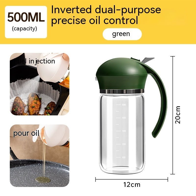 Oil Dispenser Spray And Pour Dual-purpose Oiler $28.00 Dana Fashion capacity: Green 500ml Dana's Kitchen Product information: Function: pour oil/turn Oil Brush into one, press and spray oil Material: Glass Style: modern simplicity Capacity: Black 500ml, y